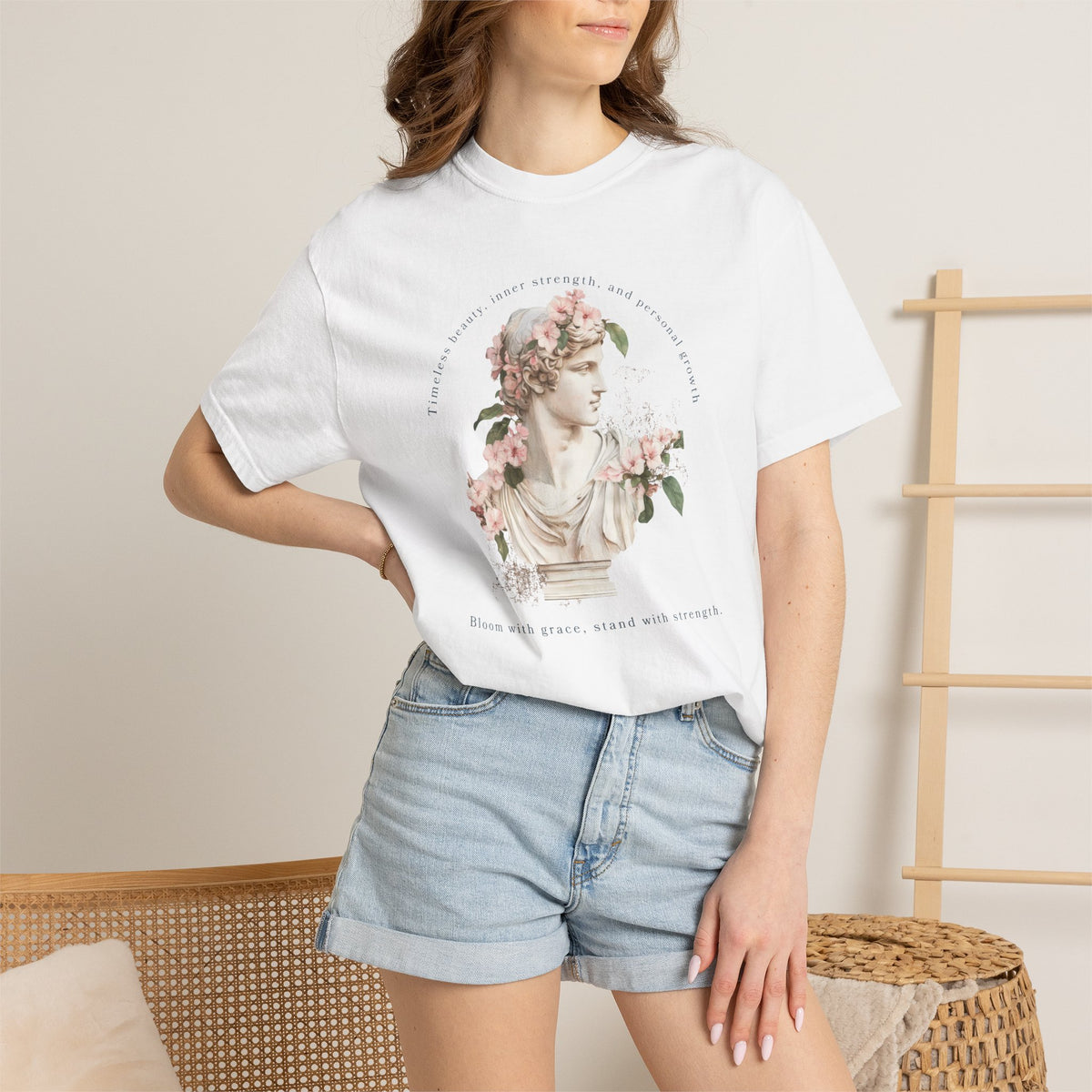 Vintage Floral Statue T-Shirt | Bloom with Grace Inspirational Tee | Feminine Cottagecore Graphic Shirt, Soft Aesthetic Women's T-Shirt