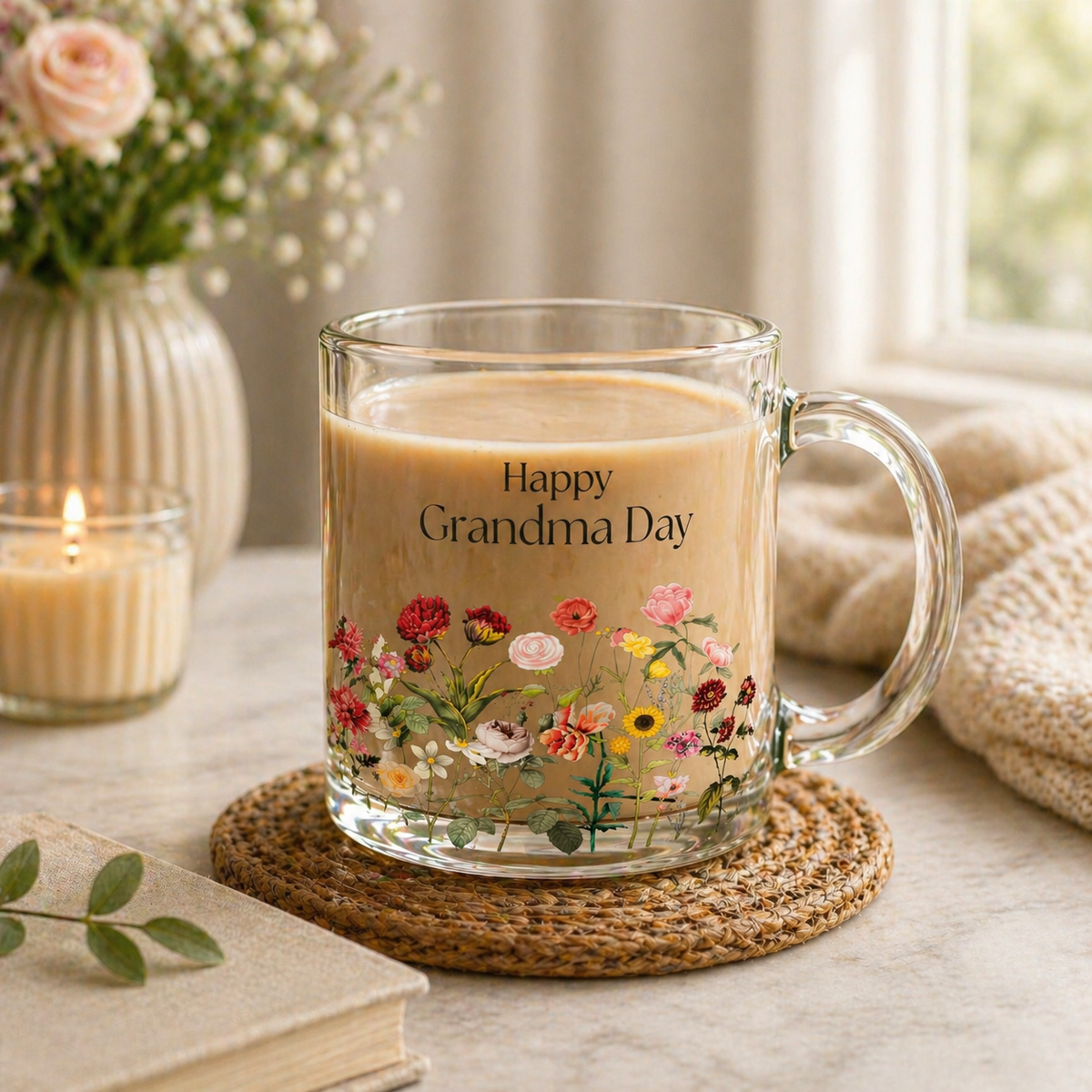 Glass Mug Floral Mother's Day, 10oz Clear Coffee Mug, Pastel Wildflower Design, Happy Grandma Day, Gift for her, Present