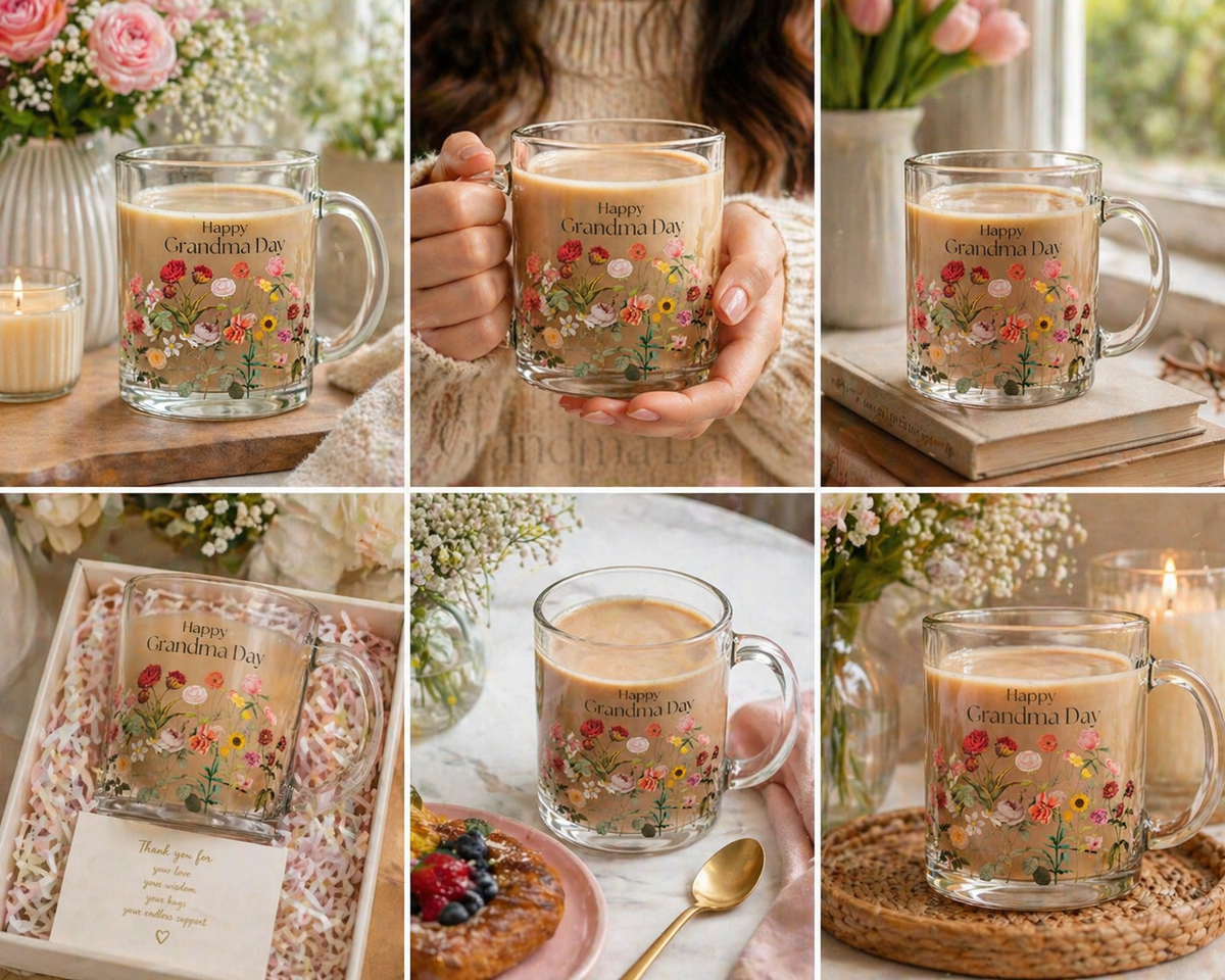 Glass Mug Floral Mother's Day, 10oz Clear Coffee Mug, Pastel Wildflower Design, Happy Grandma Day, Gift for her, Present