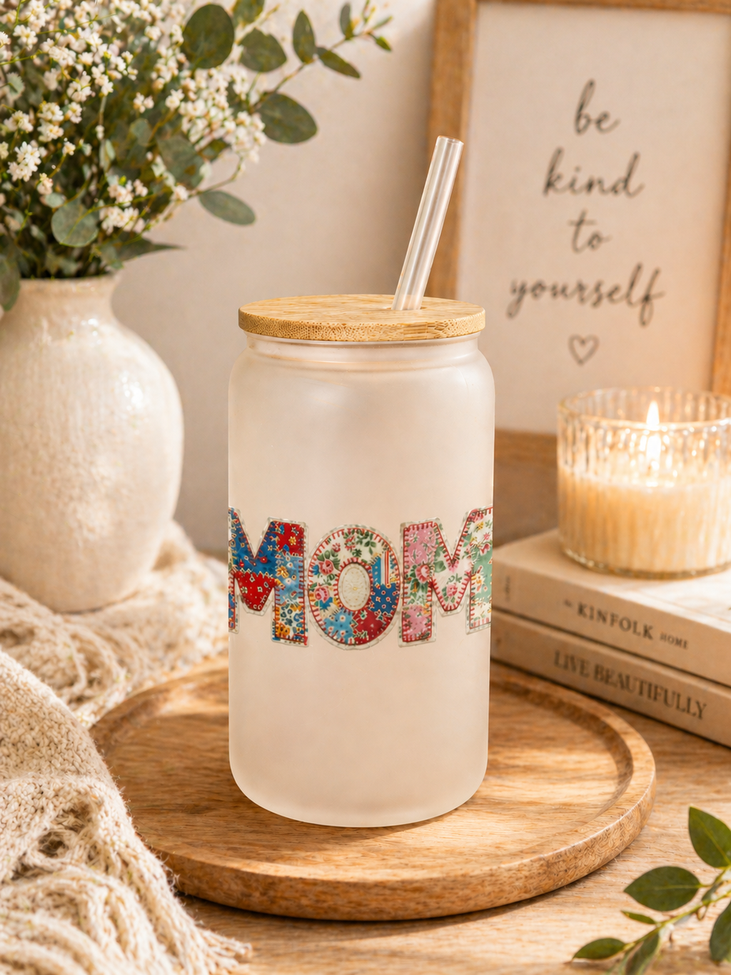 Mom Day Glass Sipper with Bamboo Lid, 16oz mug, Sweet & cozy vibes, gift for Grandma, Present MOM, Unisex Idea