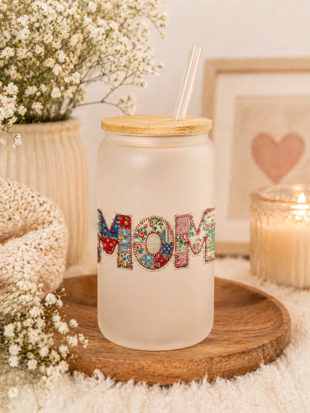 Mom Day Glass Sipper with Bamboo Lid, 16oz mug, Sweet & cozy vibes, gift for Grandma, Present MOM, Unisex Idea