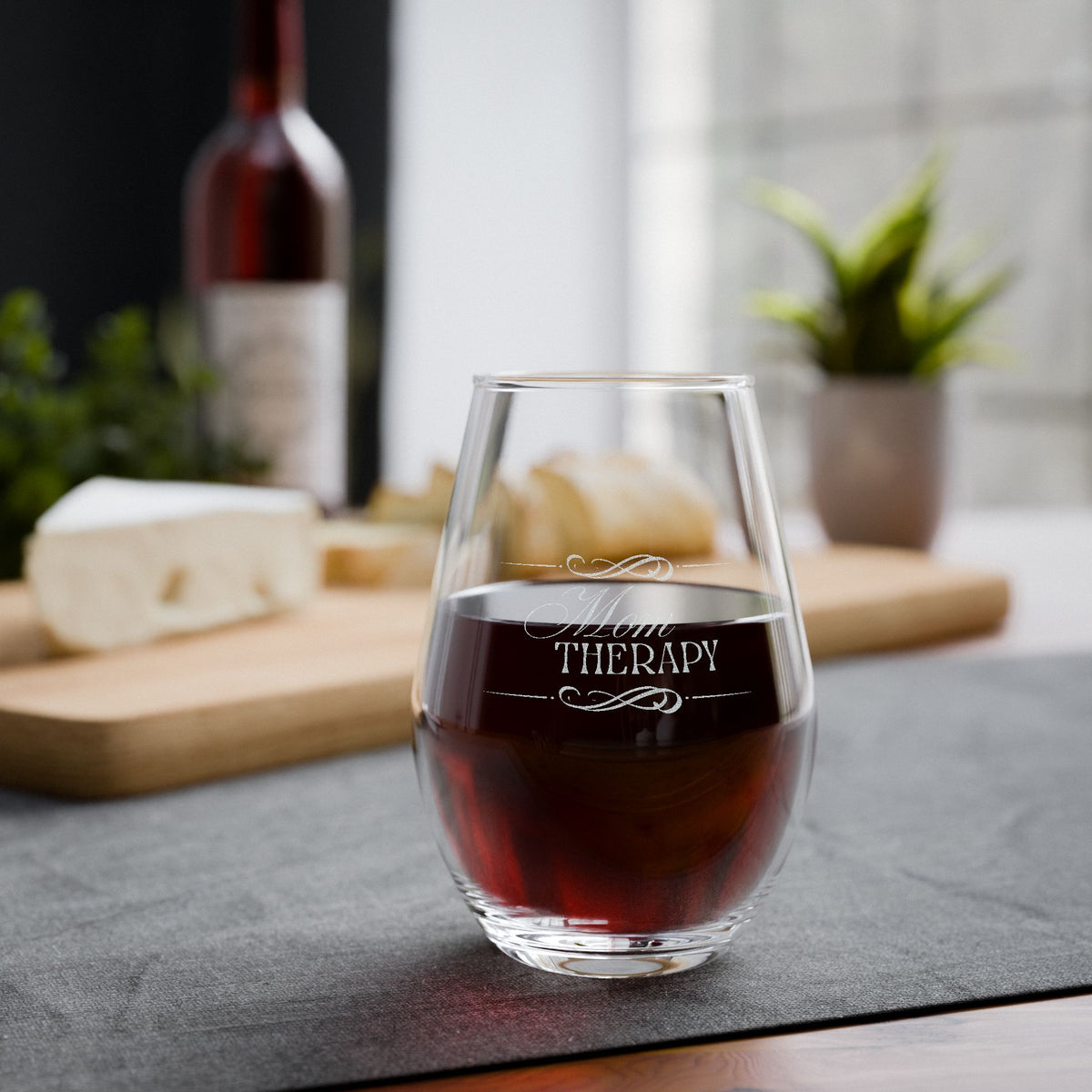 Mom Therapy Stemless Wine Glass — 11.75oz, Funny Gift for Moms, Cute & Elegant, Relaxation & Self-Care, Her Birthday or Holiday