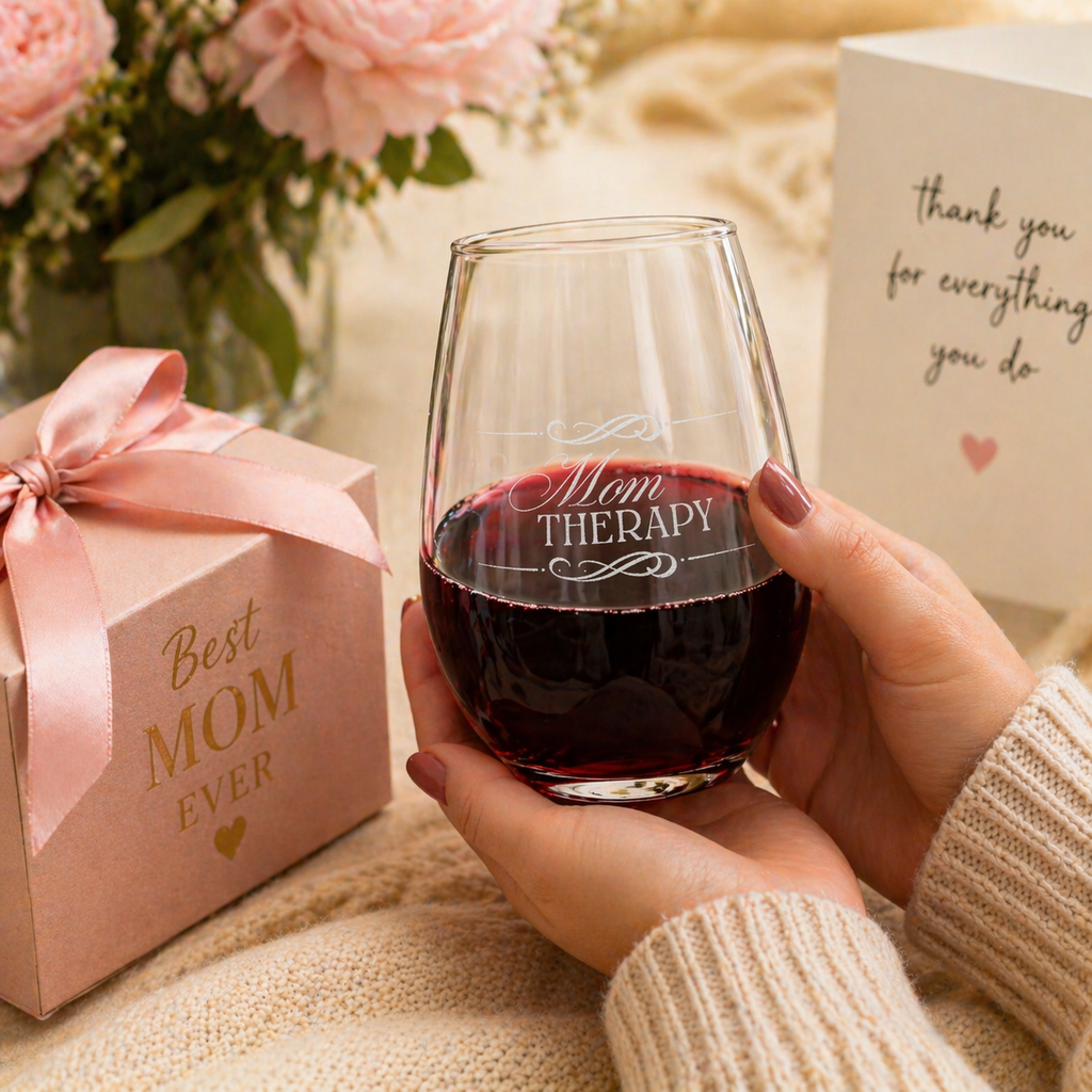 Mom Therapy Stemless Wine Glass — 11.75oz, Funny Gift for Moms, Cute & Elegant, Relaxation & Self-Care, Her Birthday or Holiday