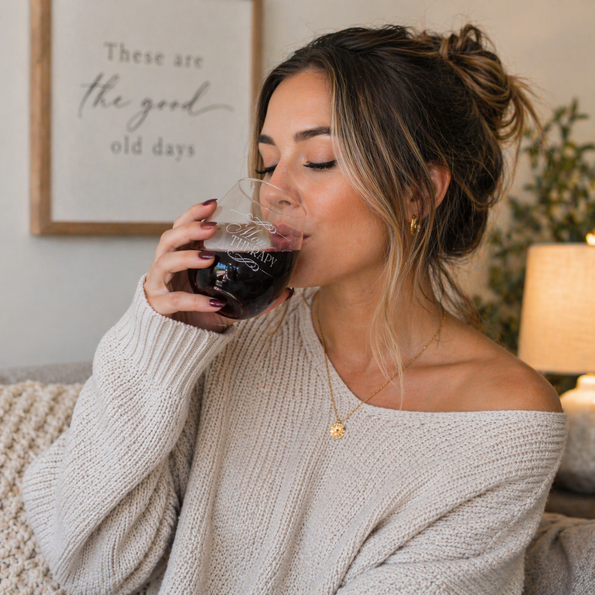 Mom Therapy Stemless Wine Glass — 11.75oz, Funny Gift for Moms, Cute & Elegant, Relaxation & Self-Care, Her Birthday or Holiday
