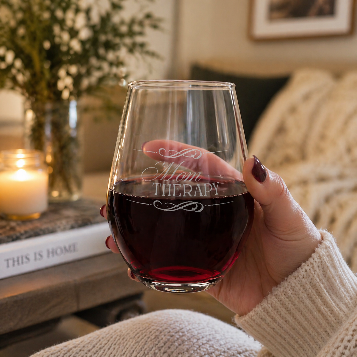 Mom Therapy Stemless Wine Glass — 11.75oz, Funny Gift for Moms, Cute & Elegant, Relaxation & Self-Care, Her Birthday or Holiday