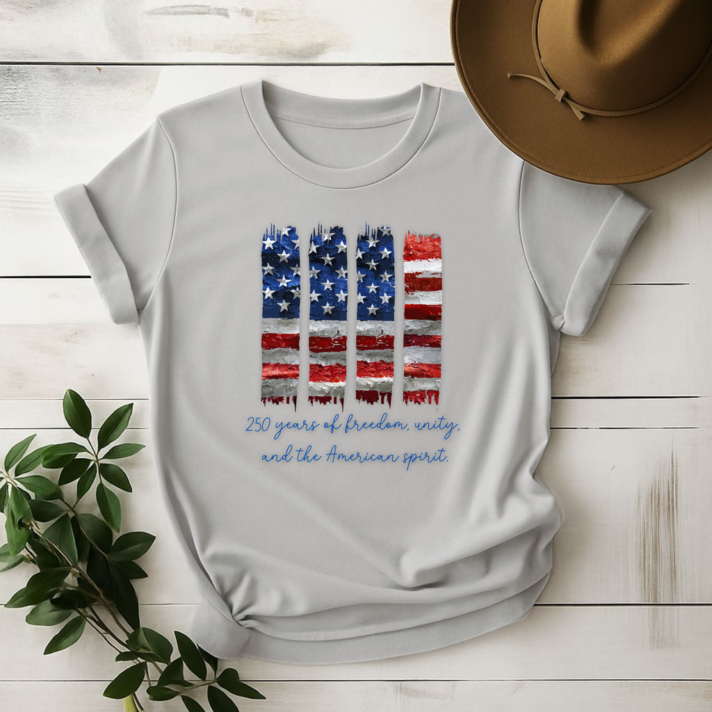 4 of July Tshirt, American Flag Brushstroke T-Shirt, Patriotic 4-Stripe USA Tee, Red, White & Blue, American Flag Brushstroke, 250 year, Anniversary Patriotic