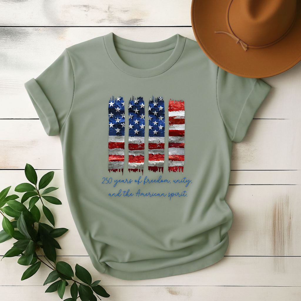 4 of July Tshirt, American Flag Brushstroke T-Shirt, Patriotic 4-Stripe USA Tee, Red, White & Blue, American Flag Brushstroke, 250 year, Anniversary Patriotic