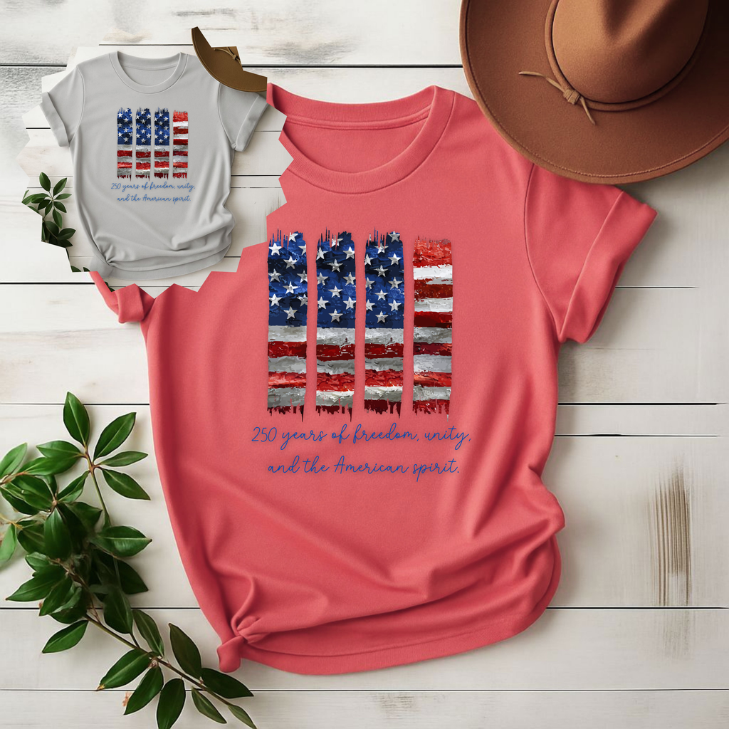 4 of July Tshirt, American Flag Brushstroke T-Shirt, Patriotic 4-Stripe USA Tee, Red, White & Blue, American Flag Brushstroke, 250 year, Anniversary Patriotic
