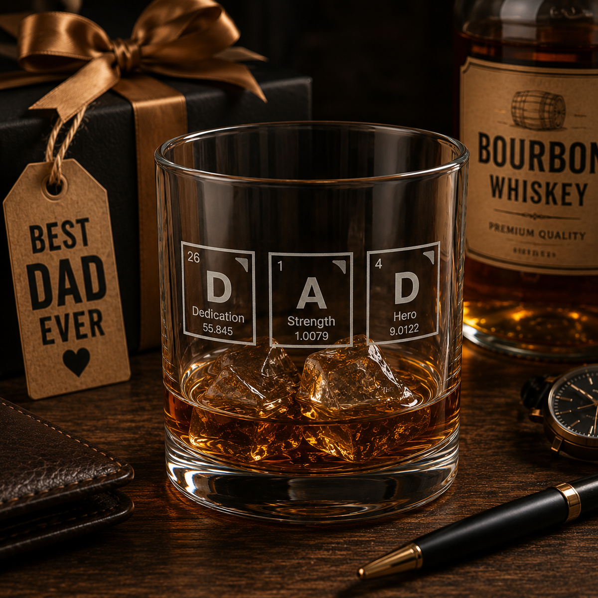 Whisky Glass Engraved for Happy Father's Day , Engraved 10oz Rocks Glass, Periodic Element Monogram (Pa P I), Gift for Dad, Best Daddy, Regalo para Papa