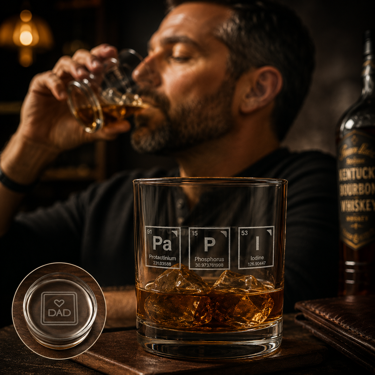 Whisky Glass Engraved for Happy Father's Day , Engraved 10oz Rocks Glass, Periodic Element Monogram (Pa P I), Gift for Dad, Best Daddy, Regalo para Papa