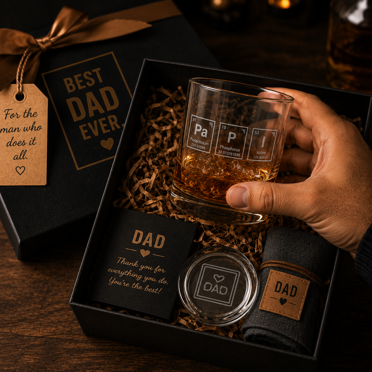 Whisky Glass Engraved for Happy Father's Day , Engraved 10oz Rocks Glass, Periodic Element Monogram (Pa P I), Gift for Dad, Best Daddy, Regalo para Papa