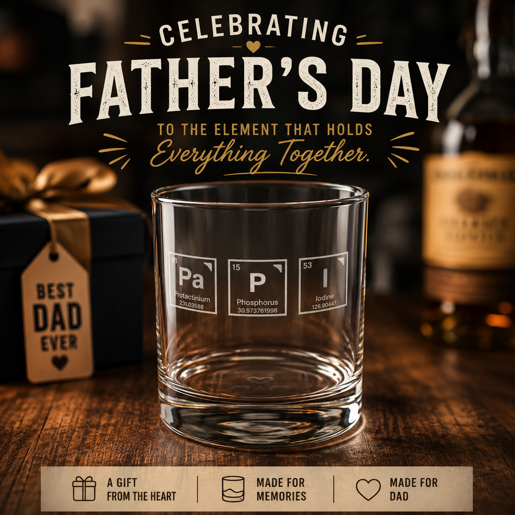 Whisky Glass Engraved for Happy Father's Day , Engraved 10oz Rocks Glass, Periodic Element Monogram (Pa P I), Gift for Dad, Best Daddy, Regalo para Papa