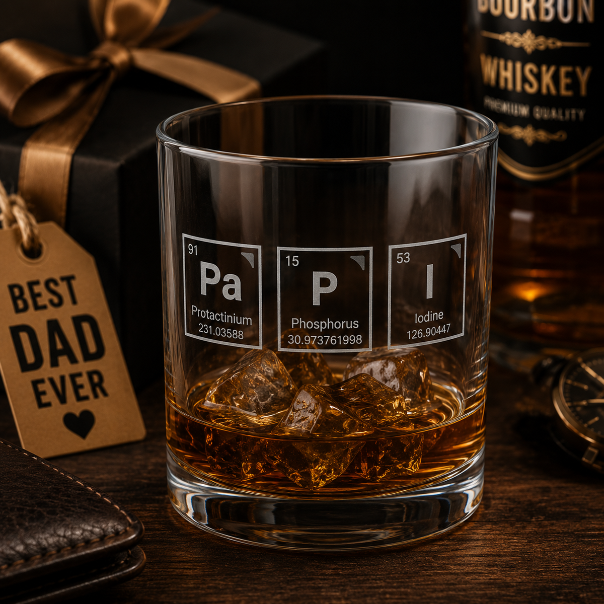 Whisky Glass Engraved for Happy Father's Day , Engraved 10oz Rocks Glass, Periodic Element Monogram (Pa P I), Gift for Dad, Best Daddy, Regalo para Papa