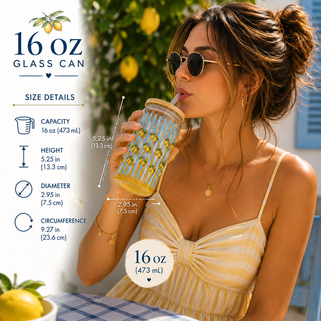 Limoncello Lemon Sipper Glass, 16oz Striped Straw Tumbler, Limoncello drink, gift for her, Greek vacation, SantoriniStyle, CoastalAesthetic, AegeanSea
