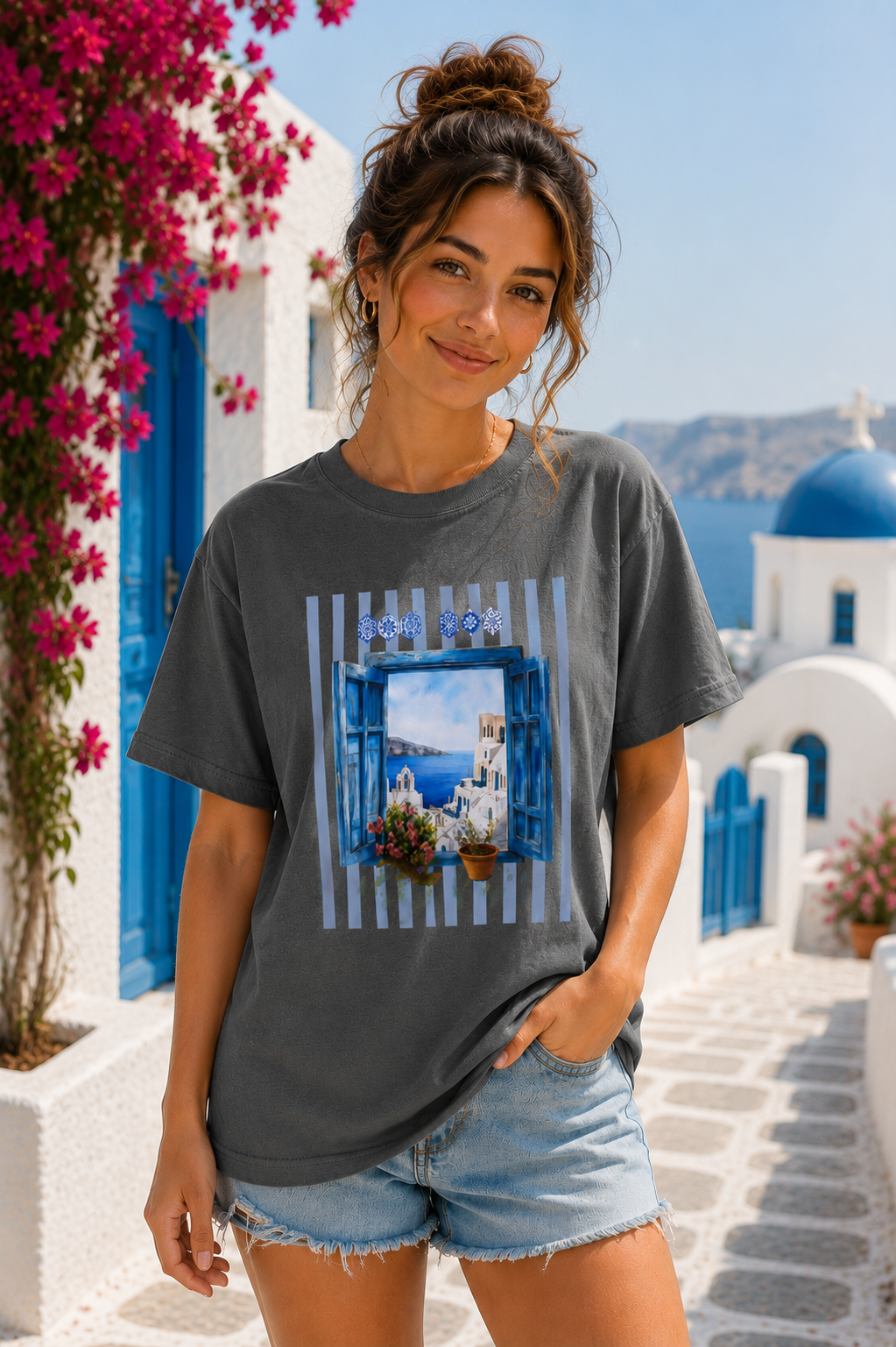 Santorini Window Tee — Mediterranean Seaside Graphic T-Shirt, greek style, girft for her, vacation island, beach day