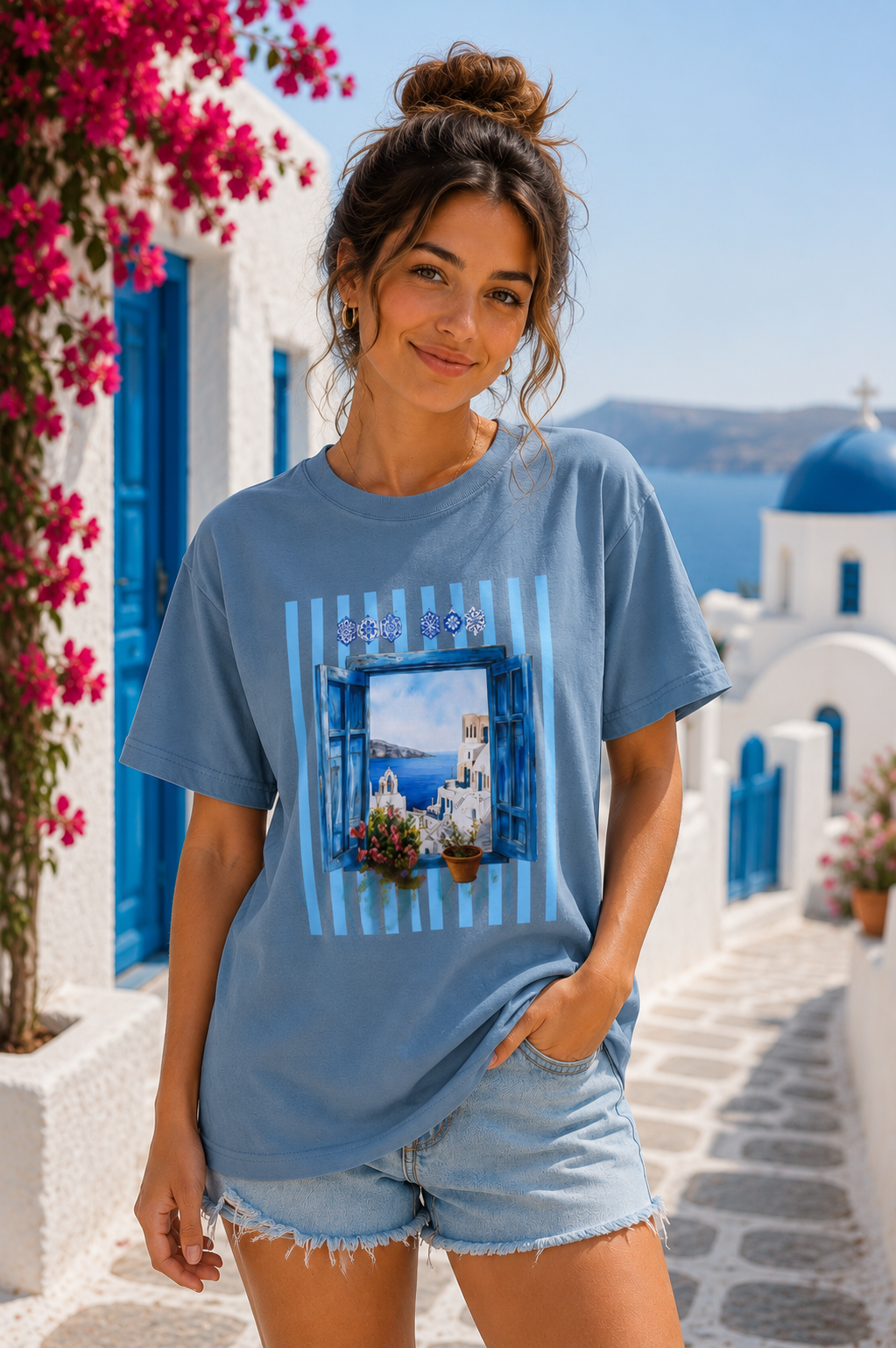 Santorini Window Tee — Mediterranean Seaside Graphic T-Shirt, greek style, girft for her, vacation island, beach day