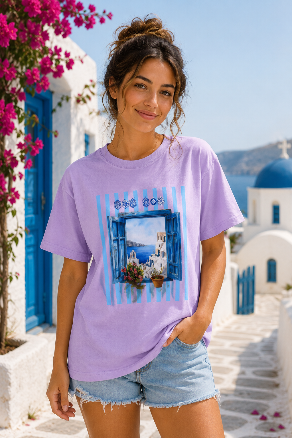 Santorini Window Tee — Mediterranean Seaside Graphic T-Shirt, greek style, girft for her, vacation island, beach day