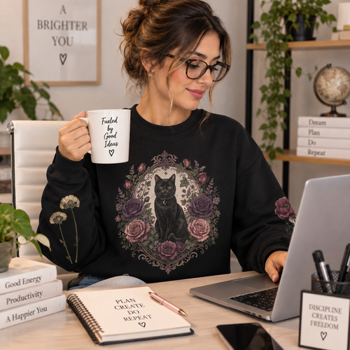 Black Cat Floral Wreath Sweatshirt, Cottage-Core Kitty Crewneck, Cozy Fall Gift, Present for her, Love cat, Halloween Season, Unisex, Sizes