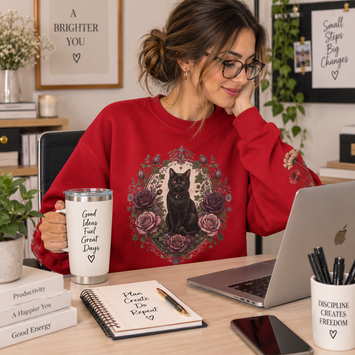 Black Cat Floral Wreath Sweatshirt, Cottage-Core Kitty Crewneck, Cozy Fall Gift, Present for her, Love cat, Halloween Season, Unisex, Sizes