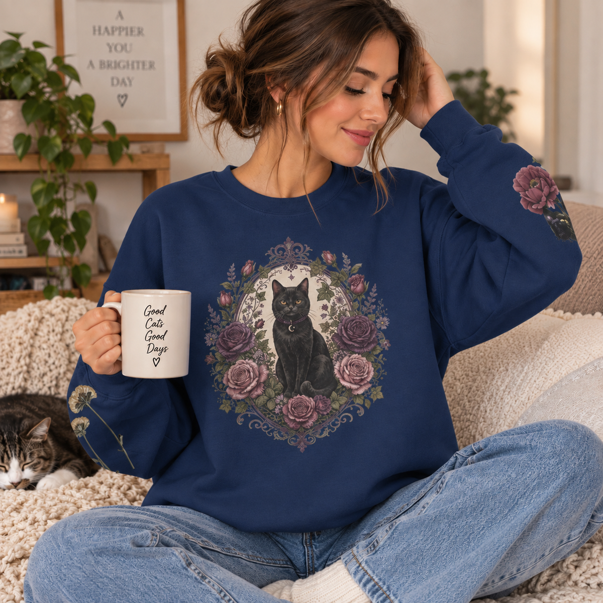 Black Cat Floral Wreath Sweatshirt, Cottage-Core Kitty Crewneck, Cozy Fall Gift, Present for her, Love cat, Halloween Season, Unisex, Sizes