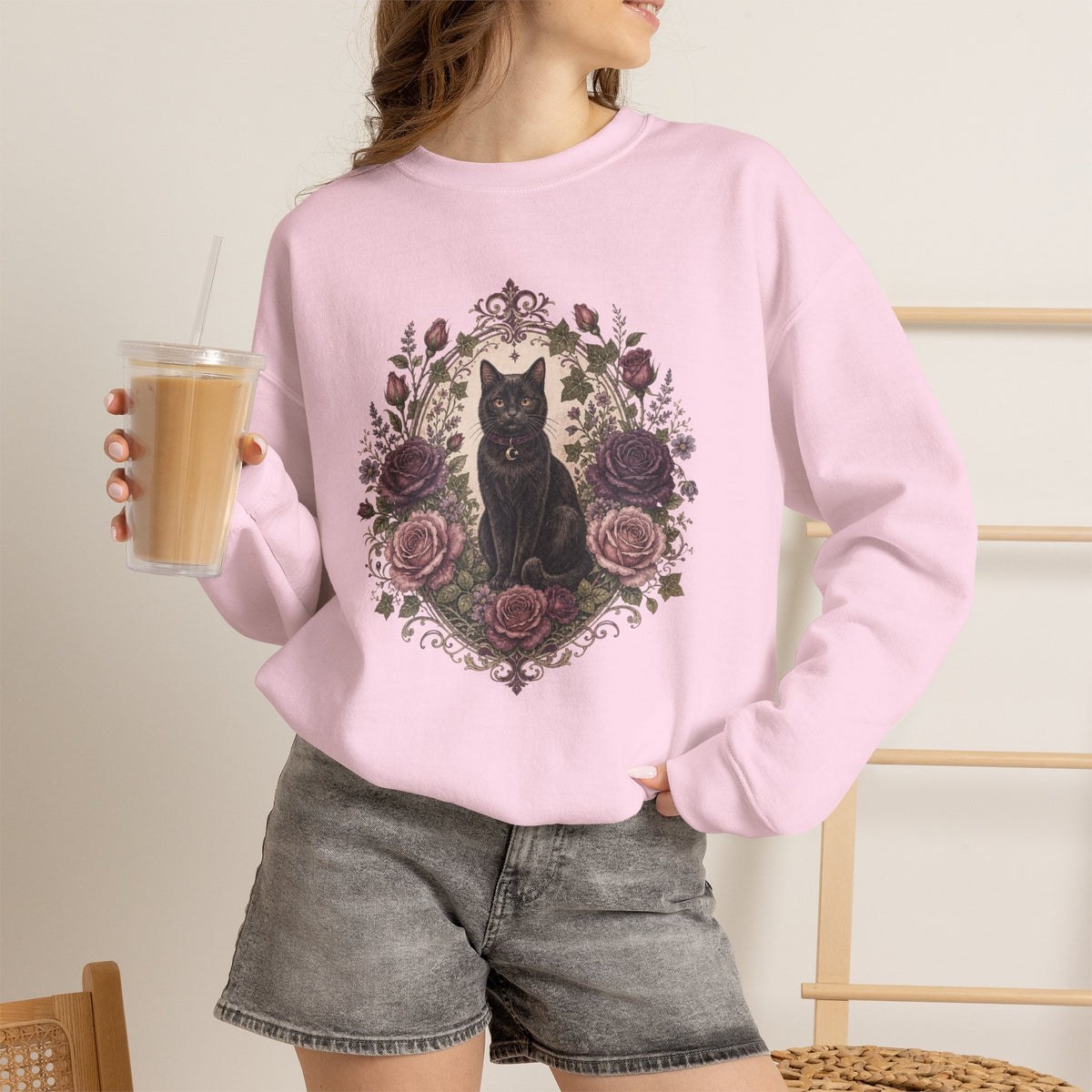 Black Cat Floral Wreath Sweatshirt, Cottage-Core Kitty Crewneck, Cozy Fall Gift, Present for her, Love cat, Halloween Season, Unisex, Sizes