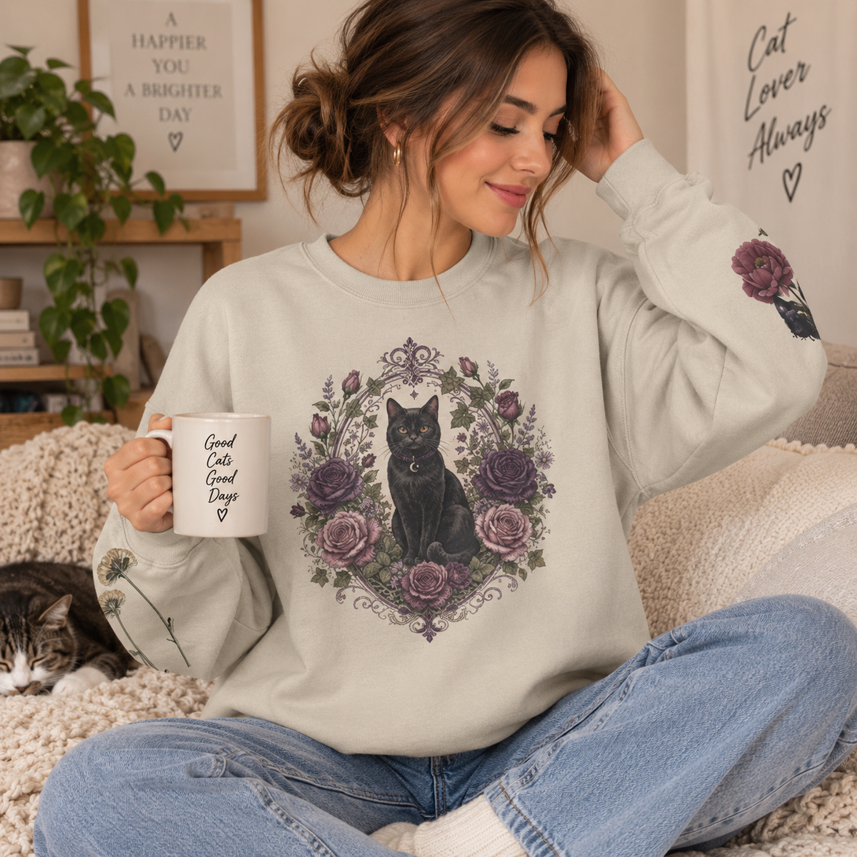 Black Cat Floral Wreath Sweatshirt, Cottage-Core Kitty Crewneck, Cozy Fall Gift, Present for her, Love cat, Halloween Season, Unisex, Sizes