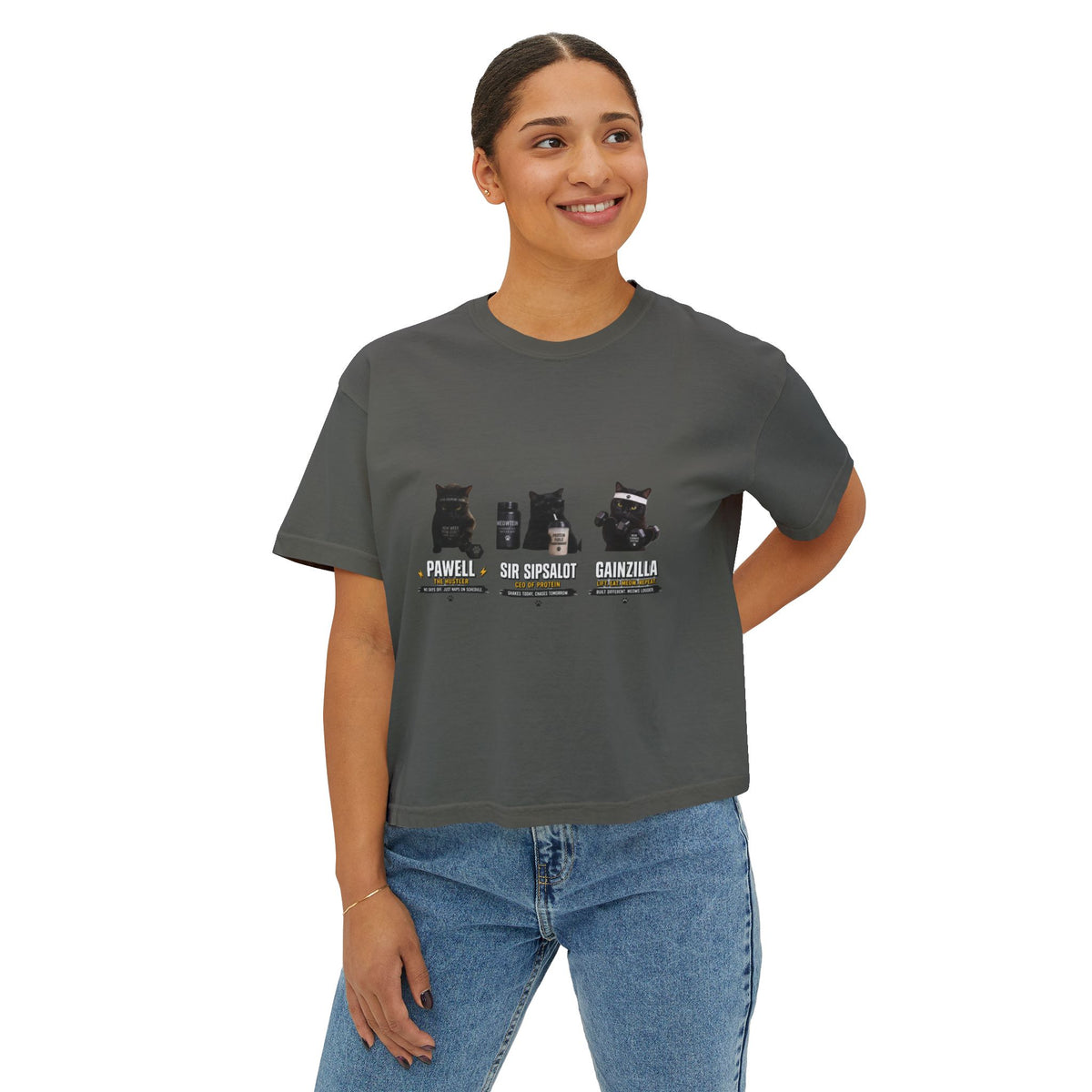 Funny Black Cat Gym Shirt, Cat Lover Workout Tee, Fitness Cat T-Shirt, Protein Gym Cat Shirt, Cute Cat Mom Gift, Unisex Graphic Tee Women's Boxy Tee