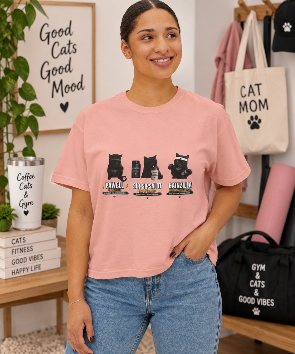 Funny Black Cat Gym Shirt, Cat Lover Workout Tee, Fitness Cat T-Shirt, Protein Gym Cat Shirt, Cute Cat Mom Gift, Unisex Graphic Tee Women's Boxy Tee