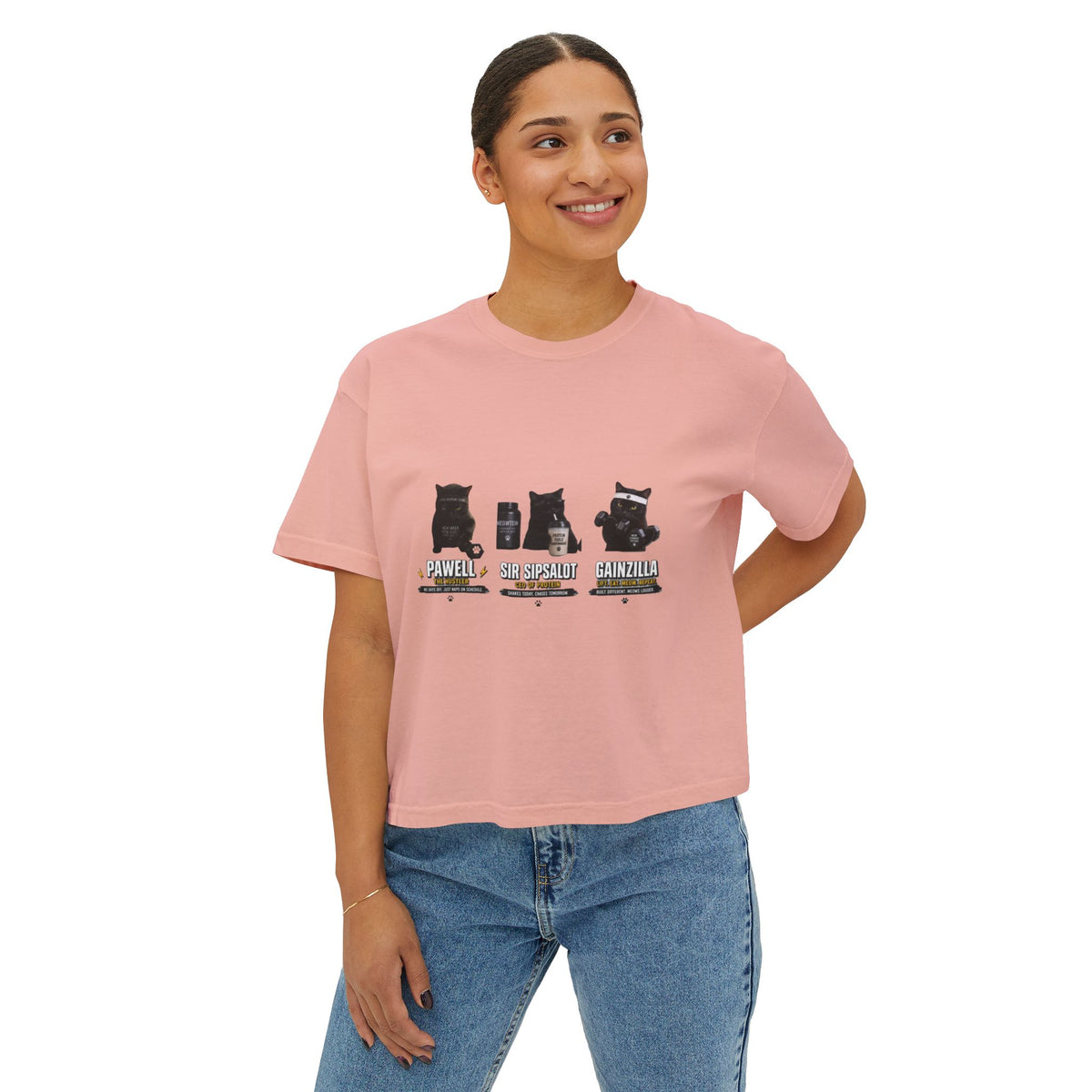 Funny Black Cat Gym Shirt, Cat Lover Workout Tee, Fitness Cat T-Shirt, Protein Gym Cat Shirt, Cute Cat Mom Gift, Unisex Graphic Tee Women's Boxy Tee