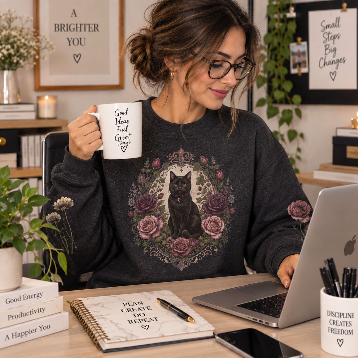 Black Cat Floral Wreath Sweatshirt, Cottage-Core Kitty Crewneck, Cozy Fall Gift, Present for her, Love cat, Halloween Season, Unisex, Sizes